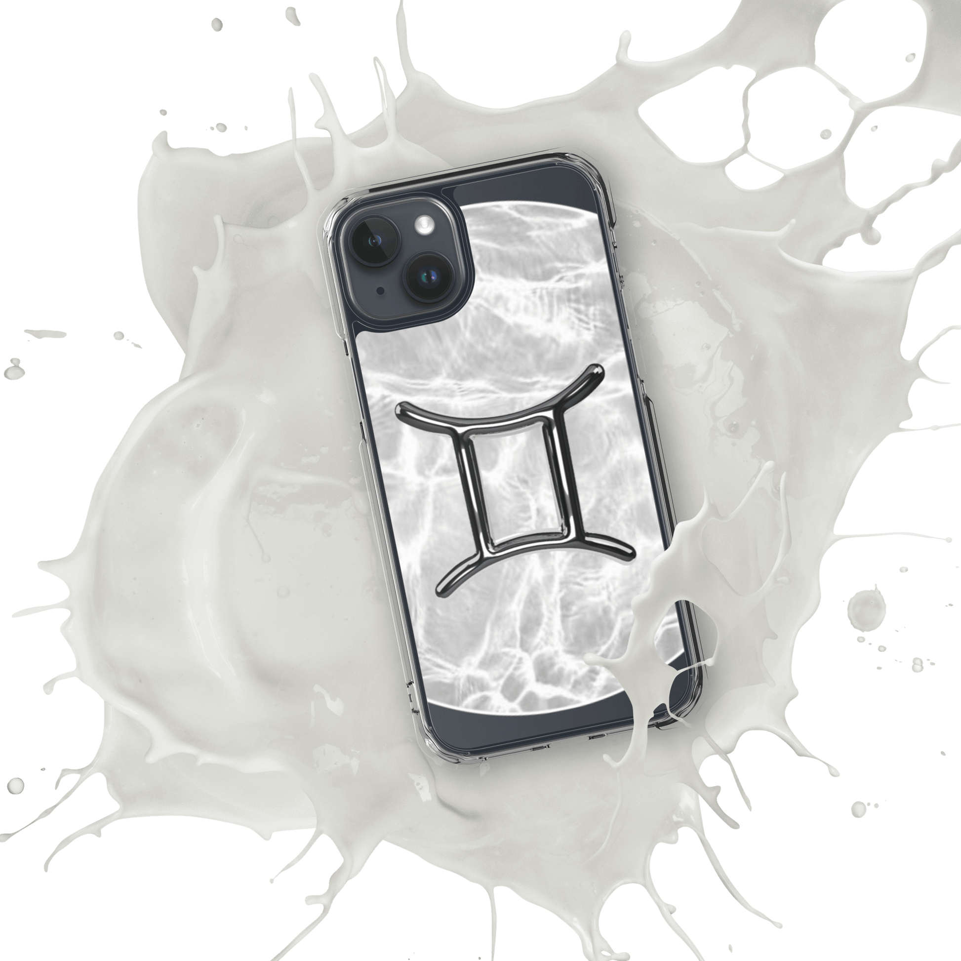 Gemini Magsafe clear iPhone case with metallic design splashing in white liquid.