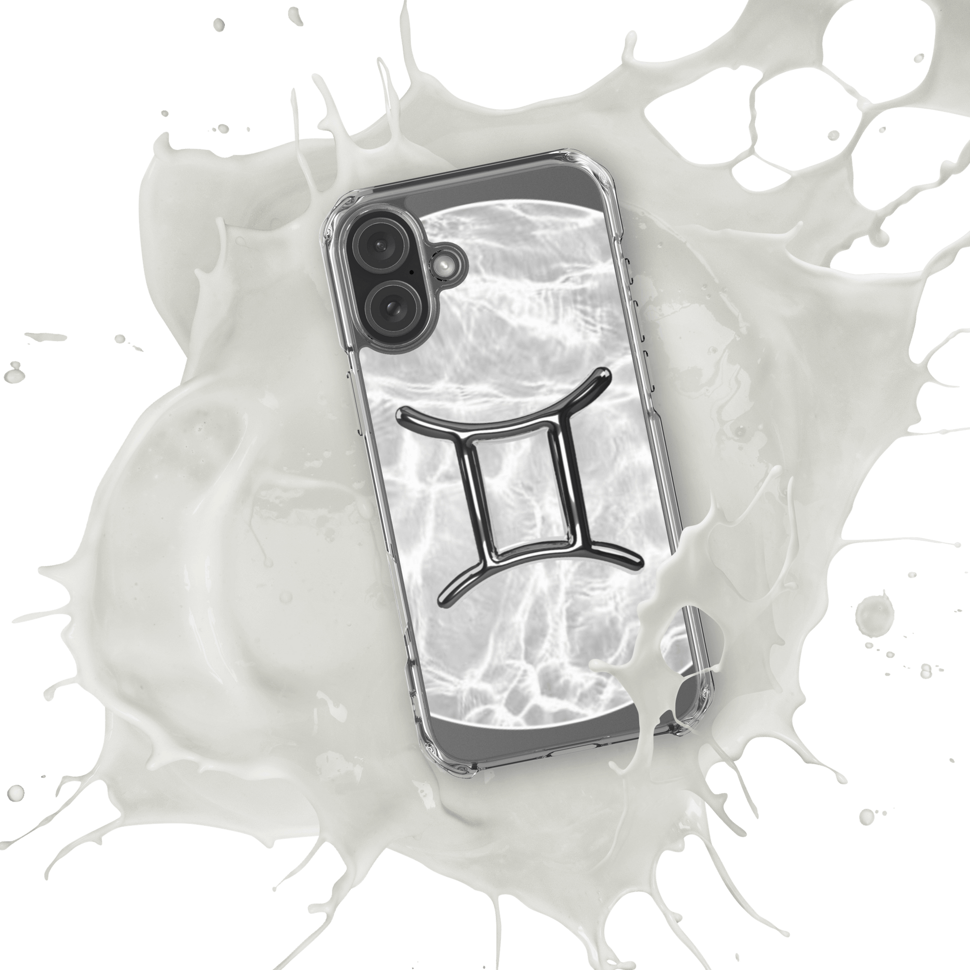 Zodiac Gemini MagSafe clear iPhone case with marble metallic design splashed in milk-like background.