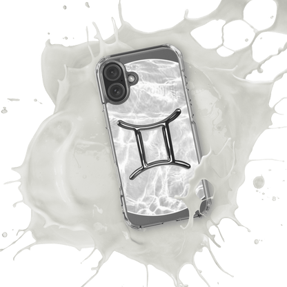 Zodiac Gemini MagSafe clear iPhone case with marble metallic design splashed in milk-like background.
