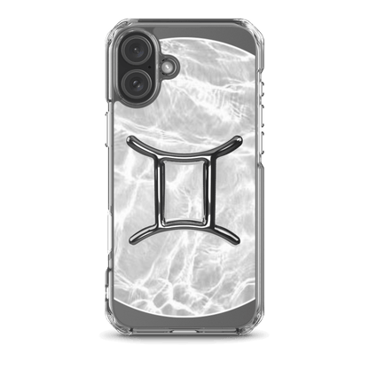 Zodiac Gemini MagSafe clear iPhone case with metallic design on a marble ripple background.