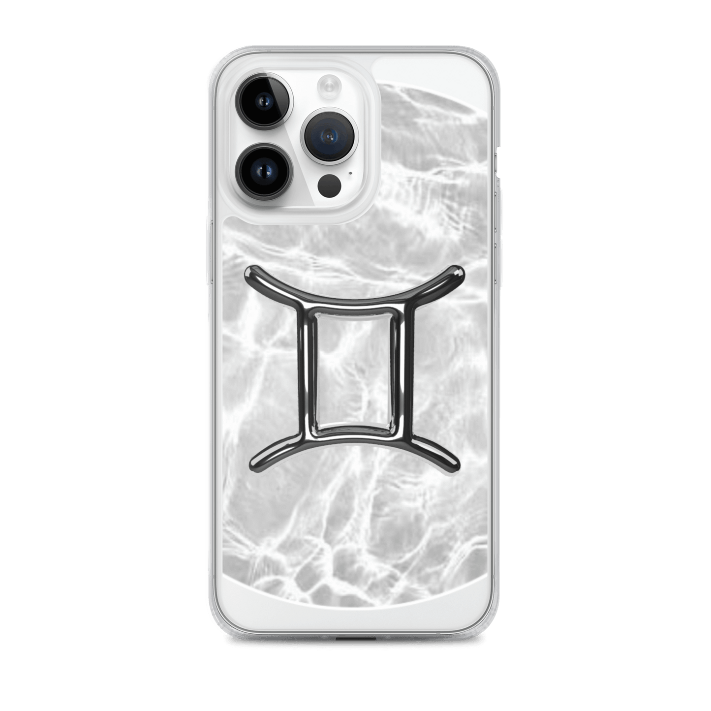 Zodiac Gemini Magsafe clear iPhone case with metallic design over marble ripple, combining style and protection.
