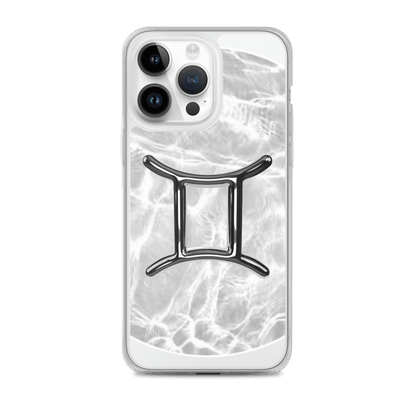 Zodiac Gemini Magsafe clear iPhone case with metallic design over marble ripple, combining style and protection.