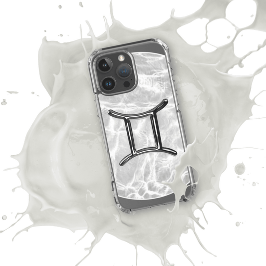 Zodiac Gemini MagSafe clear iPhone case with marble metallic design, splashing in a burst of white liquid.