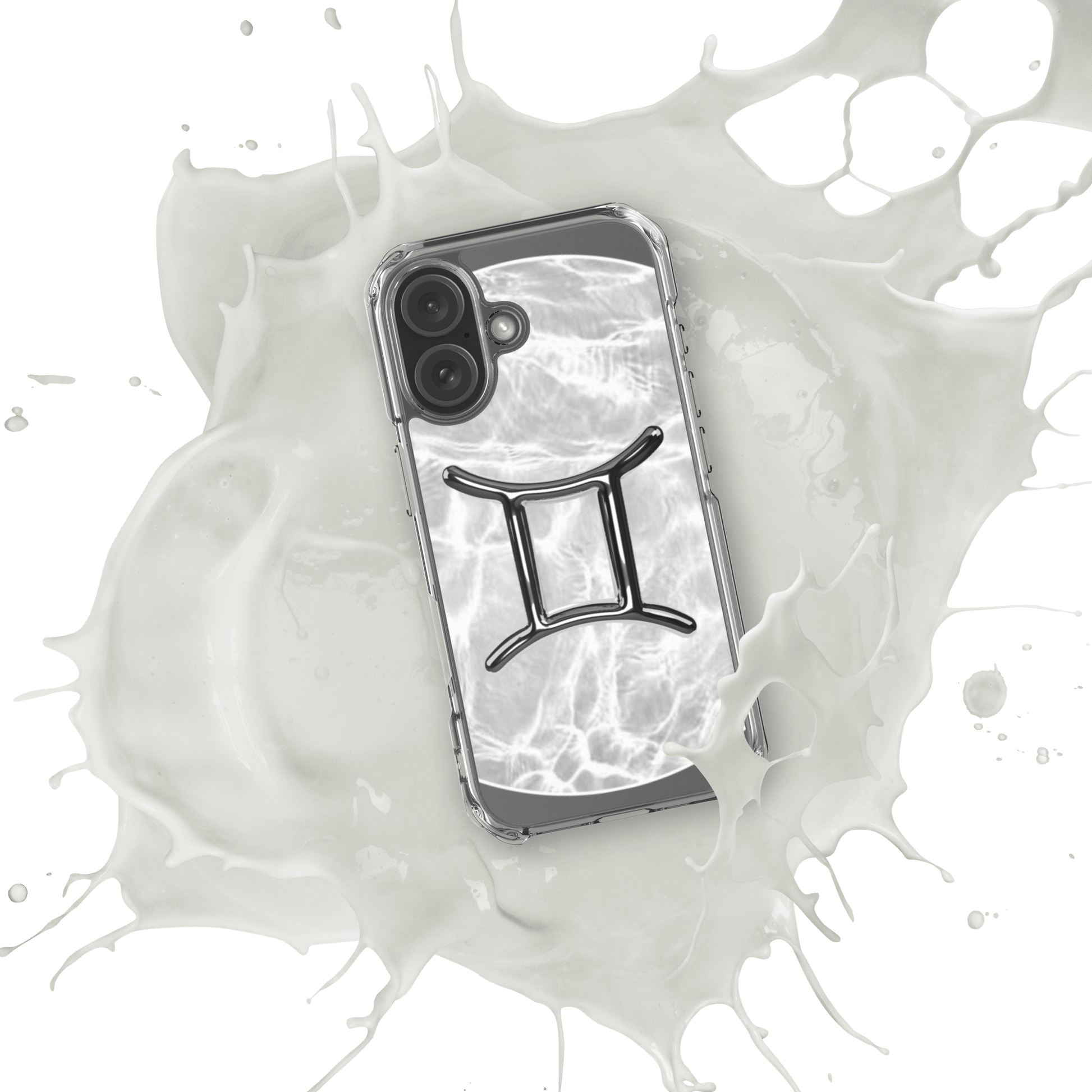 Zodiac Gemini Magsafe clear iPhone case with marble metallic design, showcasing cosmic style and protection.