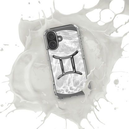 Zodiac Gemini Magsafe clear iPhone case with marble metallic design, showcasing cosmic style and protection.