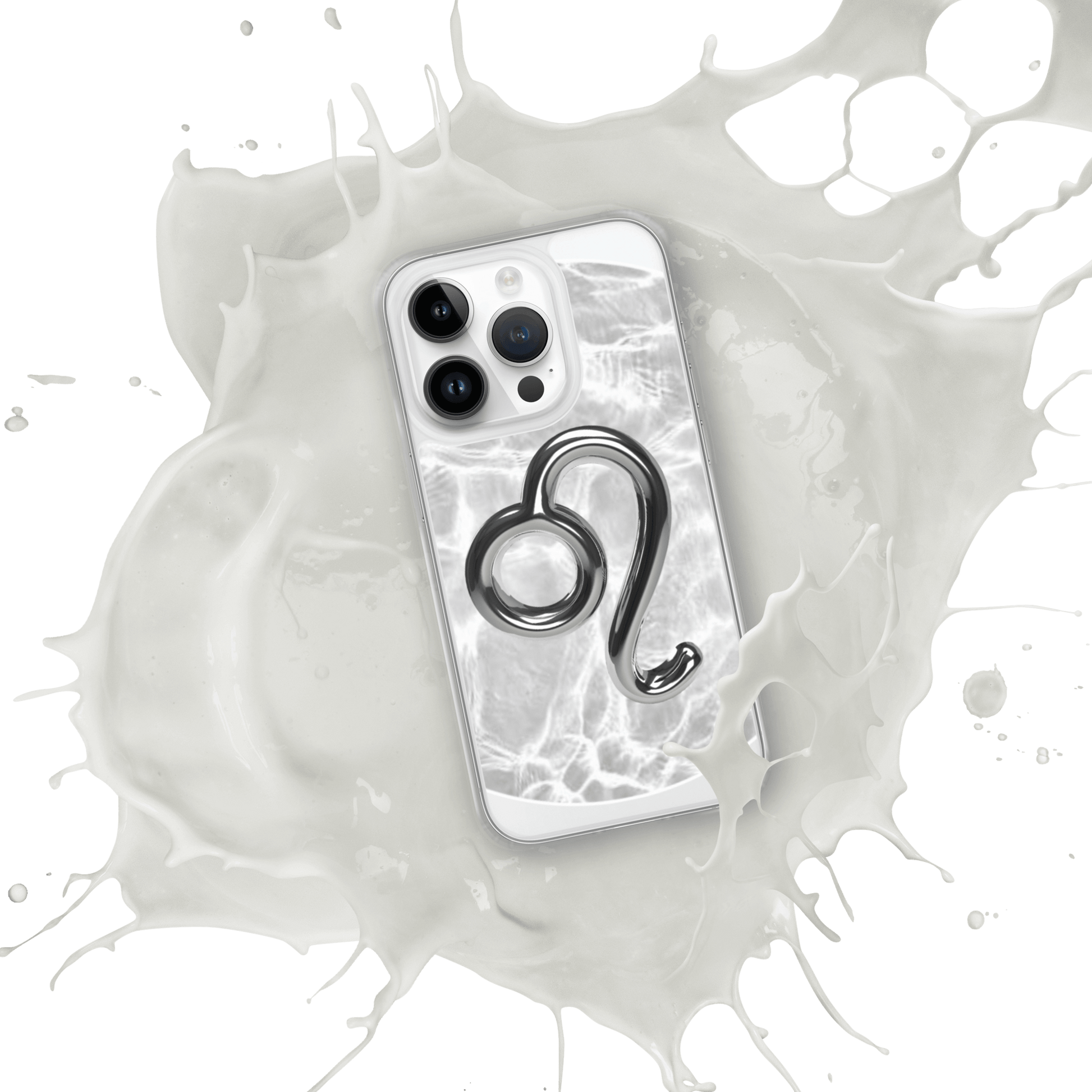 Zodiac Leo MagSafe clear iPhone case featuring a metallic design over marble, splashed with milk for a striking look.