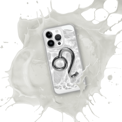 Zodiac Leo MagSafe clear iPhone case featuring a metallic design over marble, splashed with milk for a striking look.