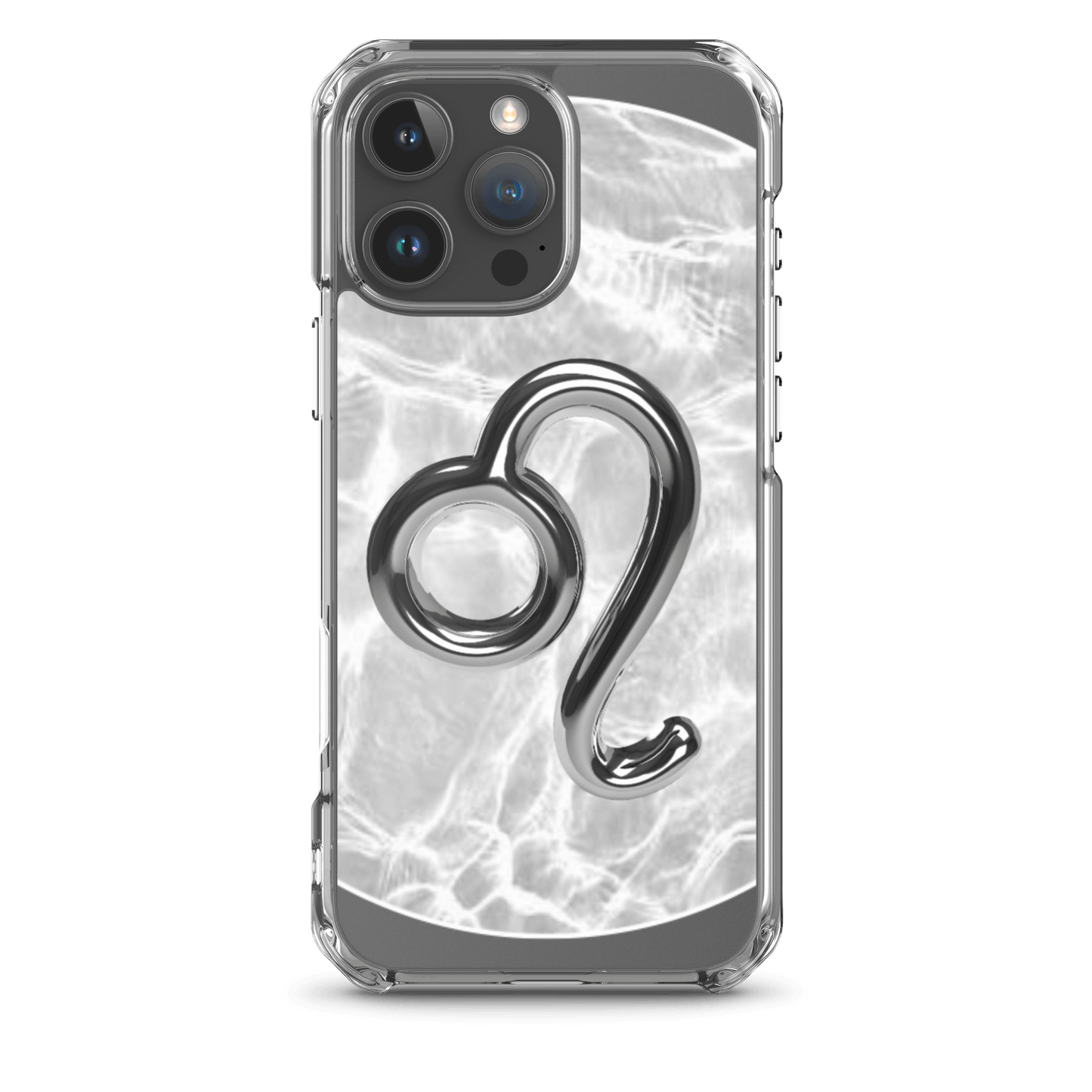 Zodiac Leo MagSafe clear iPhone case featuring a metallic design on a marble-inspired background.