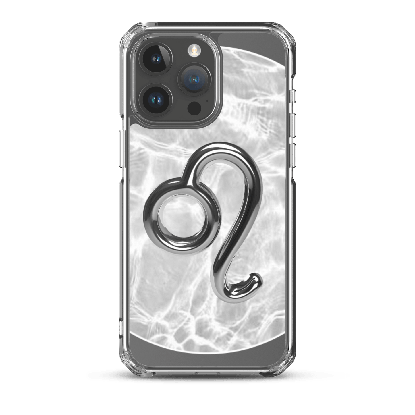 Zodiac Leo Magsafe clear iPhone case with metallic design over marble-inspired background.