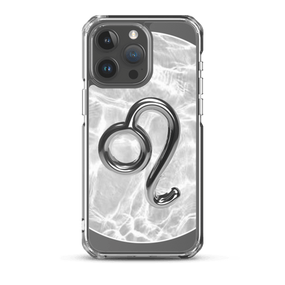 Zodiac Leo Magsafe clear iPhone case with metallic design over marble-inspired background.