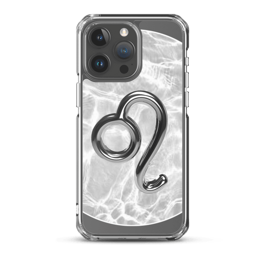 Zodiac Leo Magsafe clear iPhone case with metallic design over marble-inspired background.