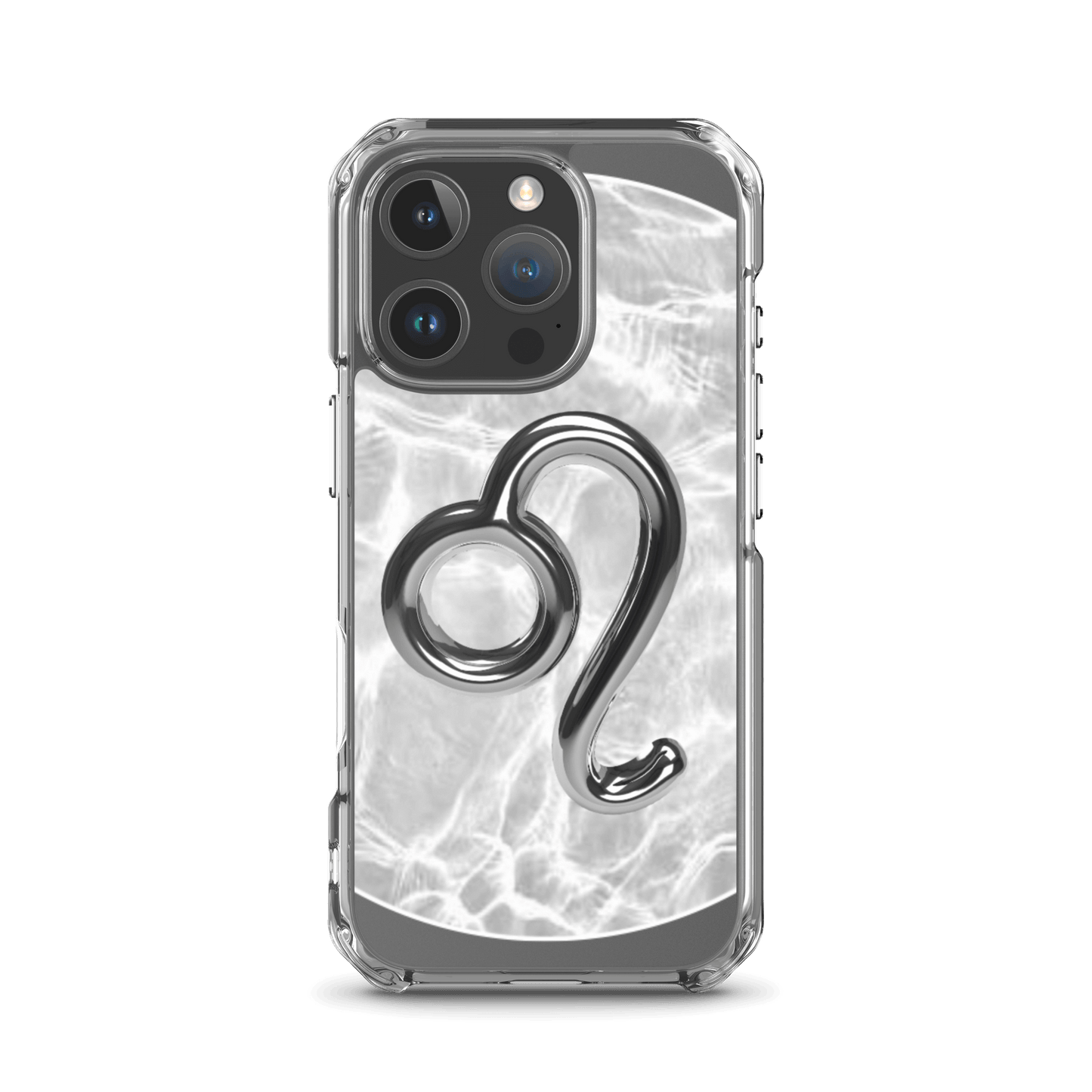 Clear iPhone case featuring the Zodiac Leo symbol on a marble background with a sleek design.