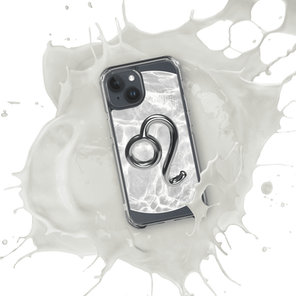 Clear iPhone case with Zodiac Leo metallic design over marble, splashed in white liquid for a cosmic vibe.