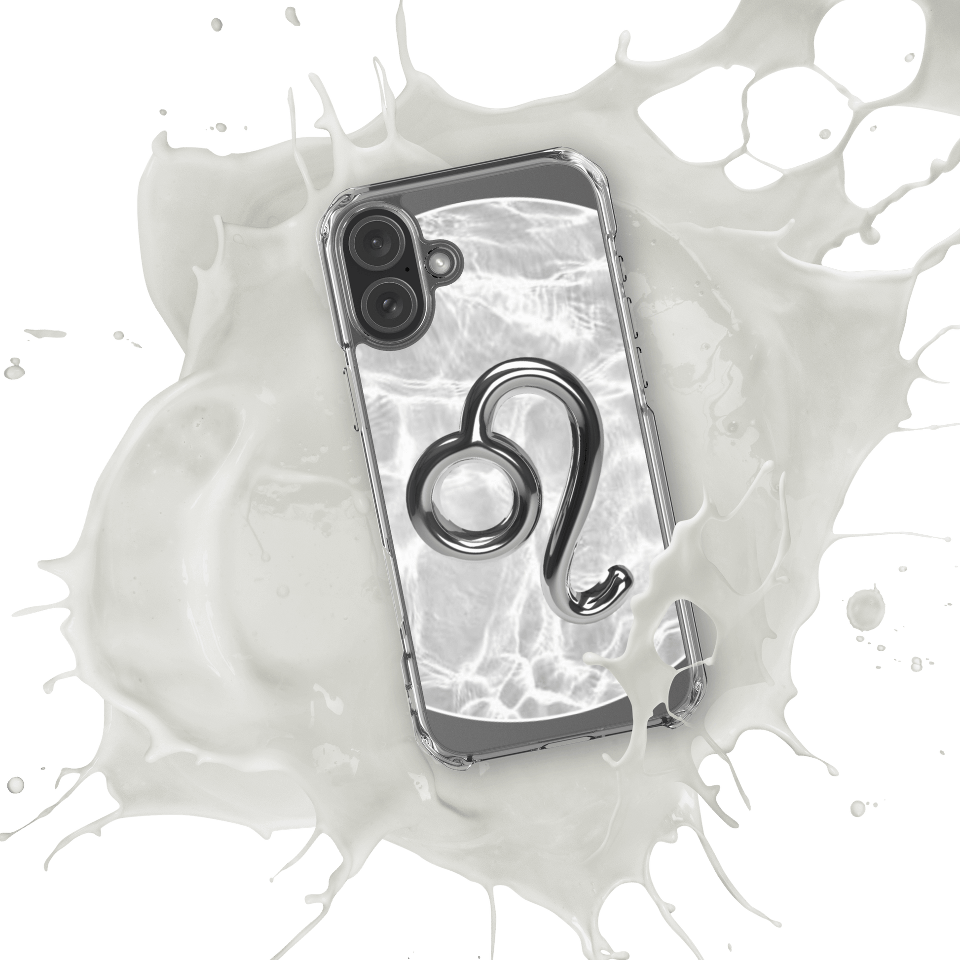 Zodiac Leo Magsafe clear iPhone case with metallic design in a splash of milk.