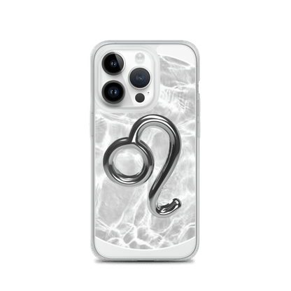 Clear iPhone case featuring metallic Leo Zodiac design over a marble-inspired background.