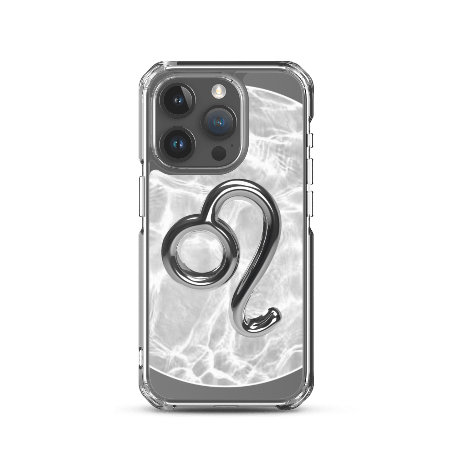 Zodiac Leo Magsafe clear iPhone case with metallic design over marble pattern, combining style and protection.