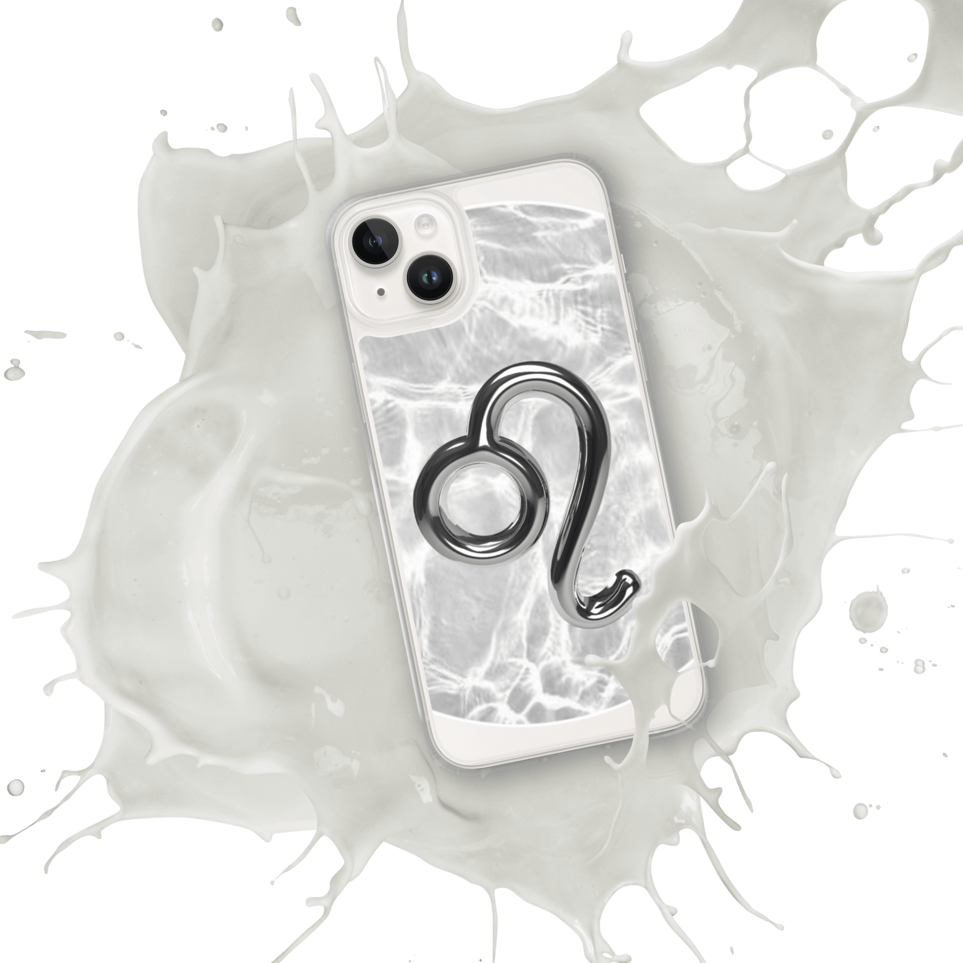 Zodiac Leo Magsafe clear iPhone case with metallic design on marble background, showcasing cosmic style and protection.