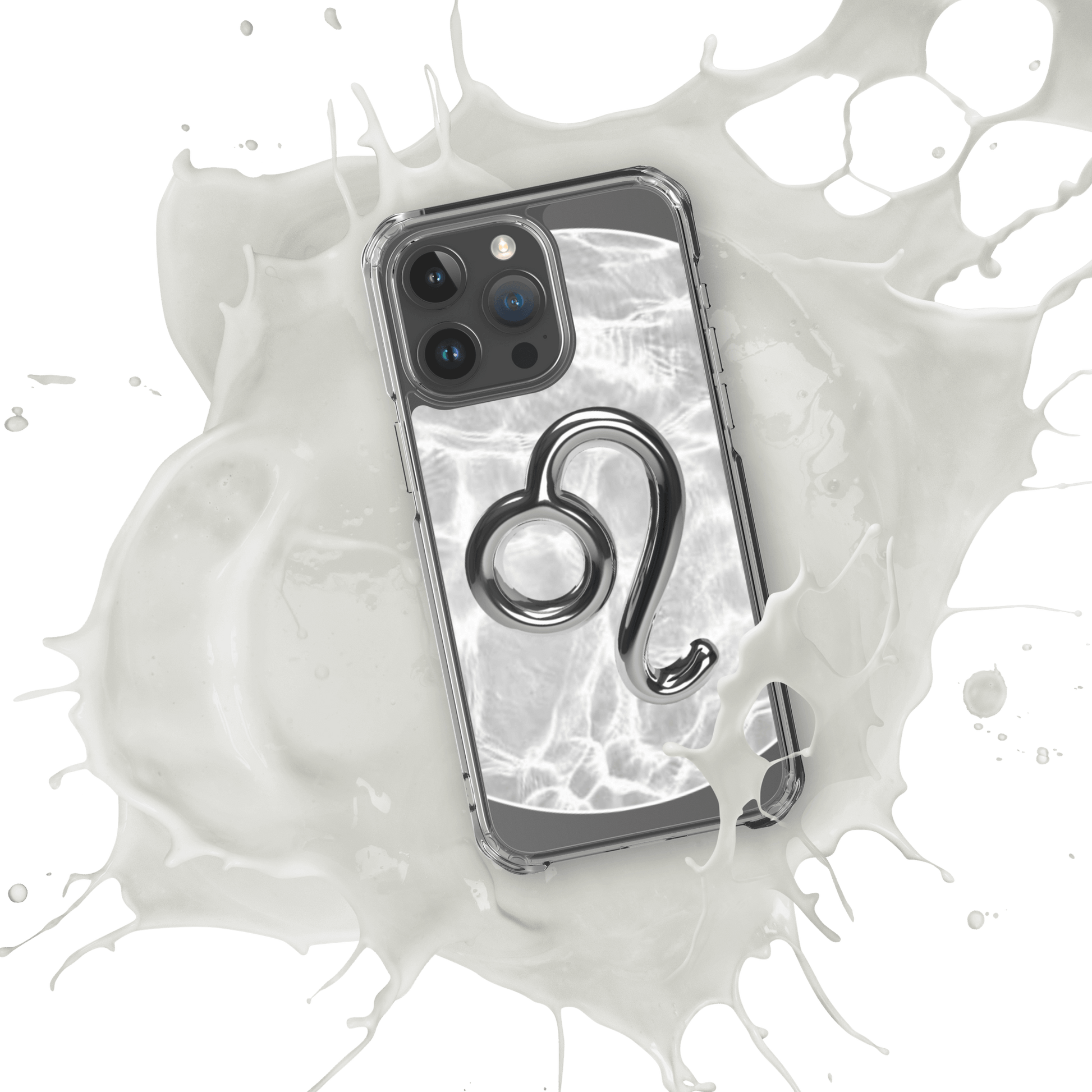 Zodiac Leo Magsafe clear iPhone case with metallic design on marble background and splash effect.