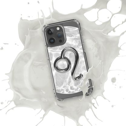 Zodiac Leo Magsafe clear iPhone case with metallic design on marble background and splash effect.