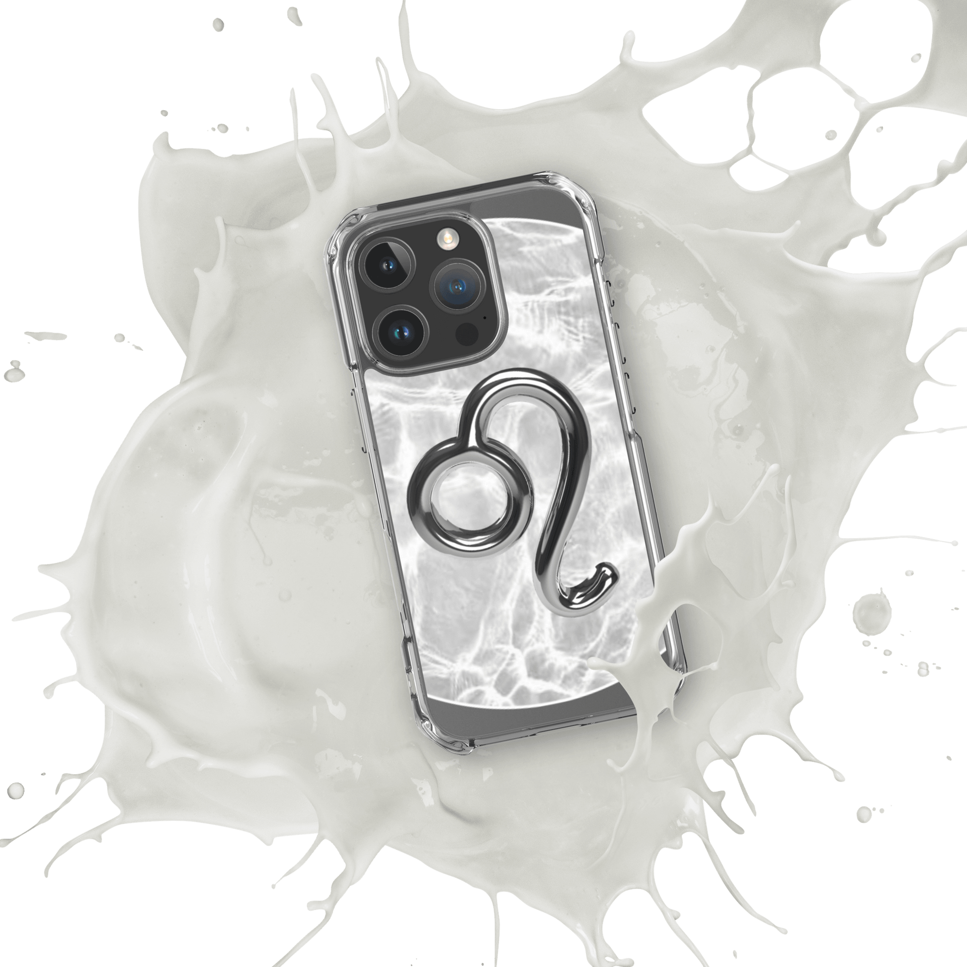 Zodiac Leo Magsafe Clear iPhone Case in metallic design splashing in milk-like liquid.