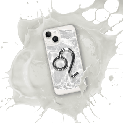 Zodiac Leo Magsafe clear iPhone case with metallic design on marble texture, splashing dynamic effect.