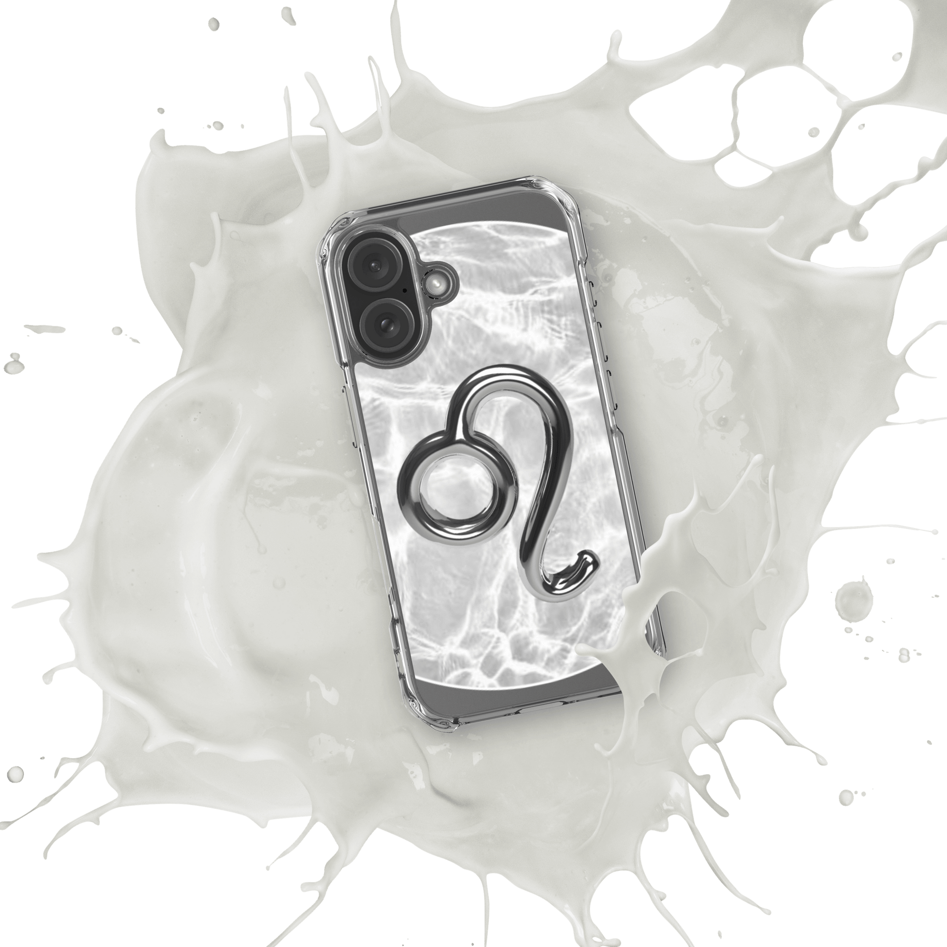 Zodiac Leo Magsafe clear iPhone case with marble design surrounded by a splash of white liquid, showcasing cosmic style.