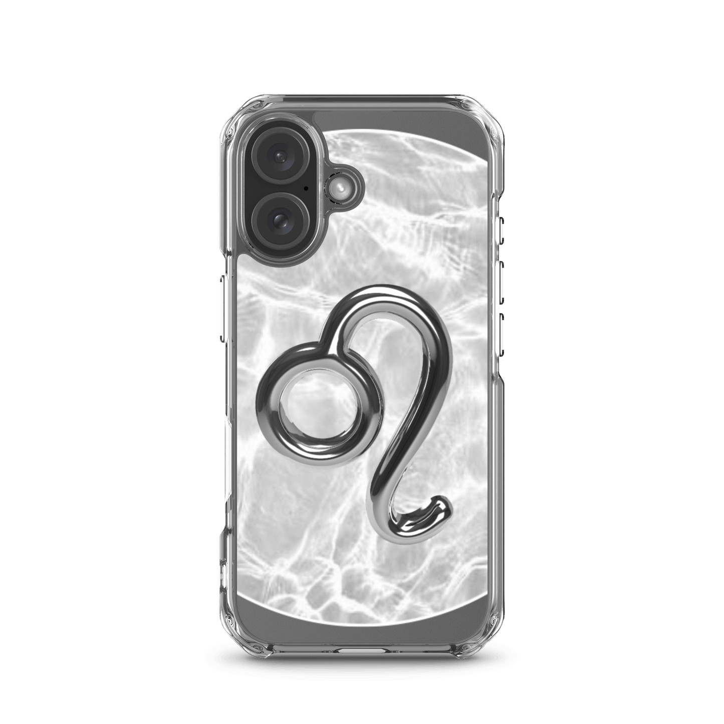Zodiac Leo Magsafe Clear iPhone Case with metallic design over marble pattern, combining style and phone protection.