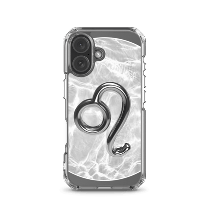 Zodiac Leo Magsafe Clear iPhone Case with metallic design over marble pattern, combining style and phone protection.