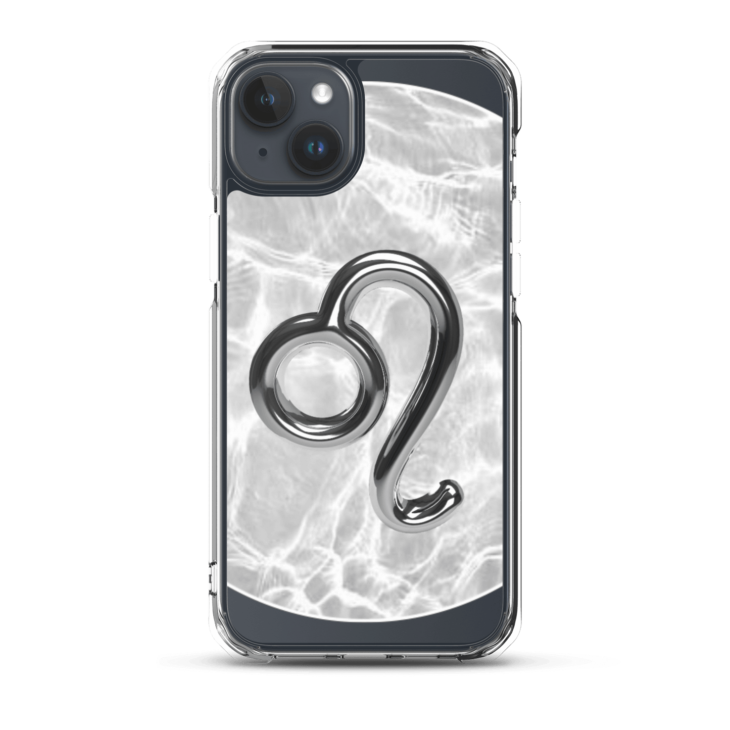 Clear iPhone case with Zodiac Leo metallic design over a marble-inspired background, perfect for cosmic style.
