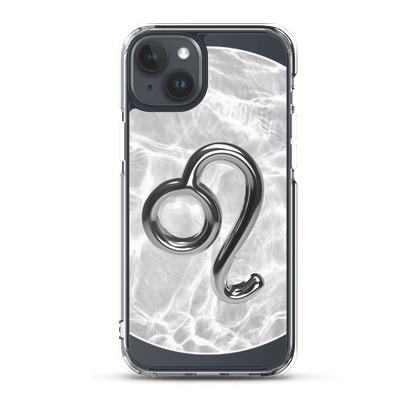 Clear iPhone case with Zodiac Leo metallic design over a marble-inspired background, perfect for cosmic style.