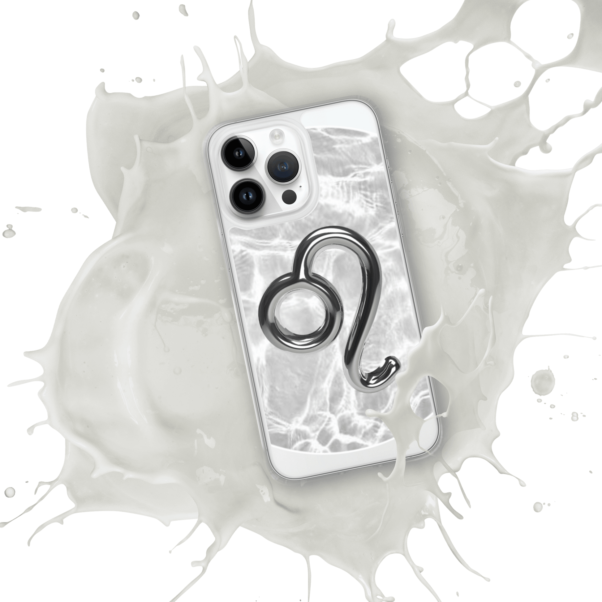 Zodiac Leo Magsafe Clear iPhone Case with metallic design on marble background, creating cosmic vibes.