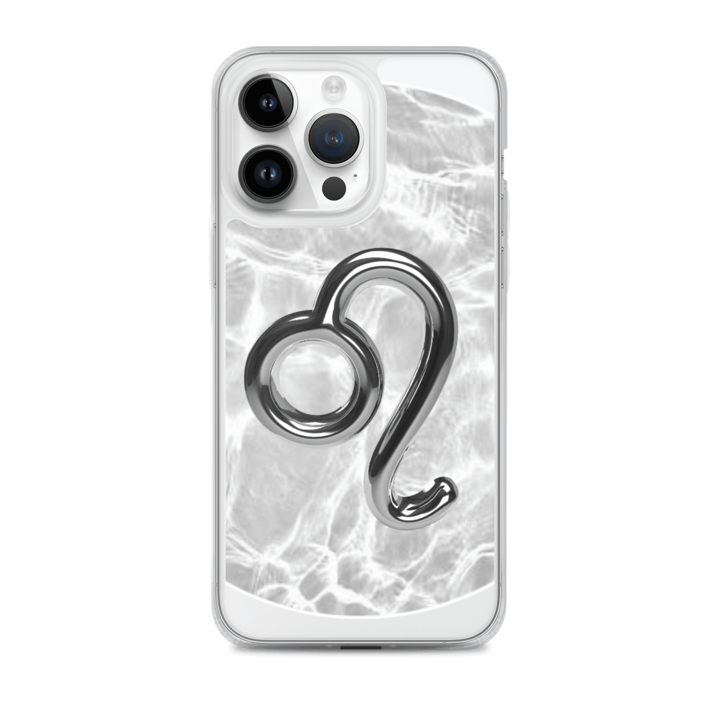 Zodiac Leo MagSafe clear iPhone case with metallic design on a marble background, combining style and protection.