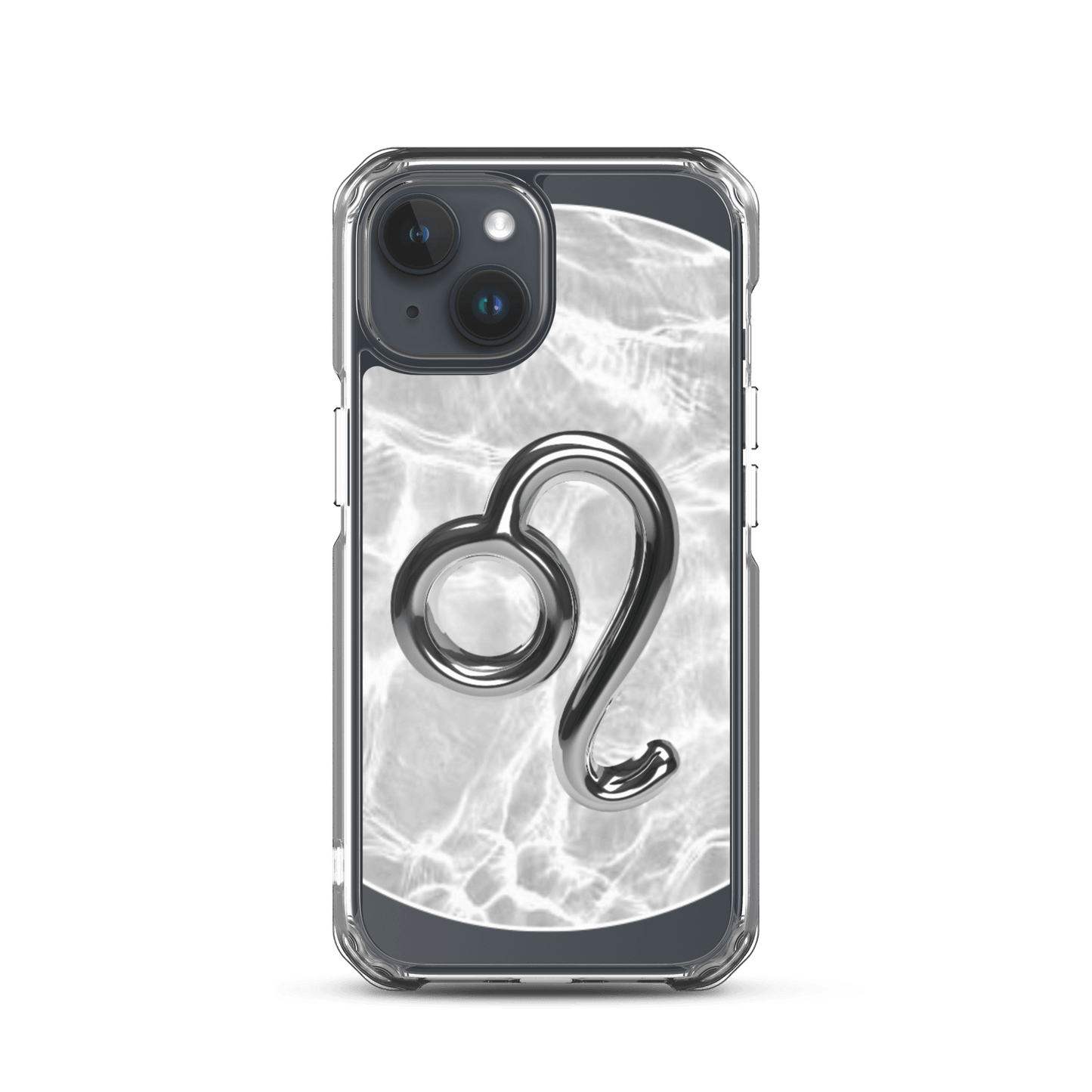 Zodiac Leo Magsafe clear iPhone case with metallic design on marble background