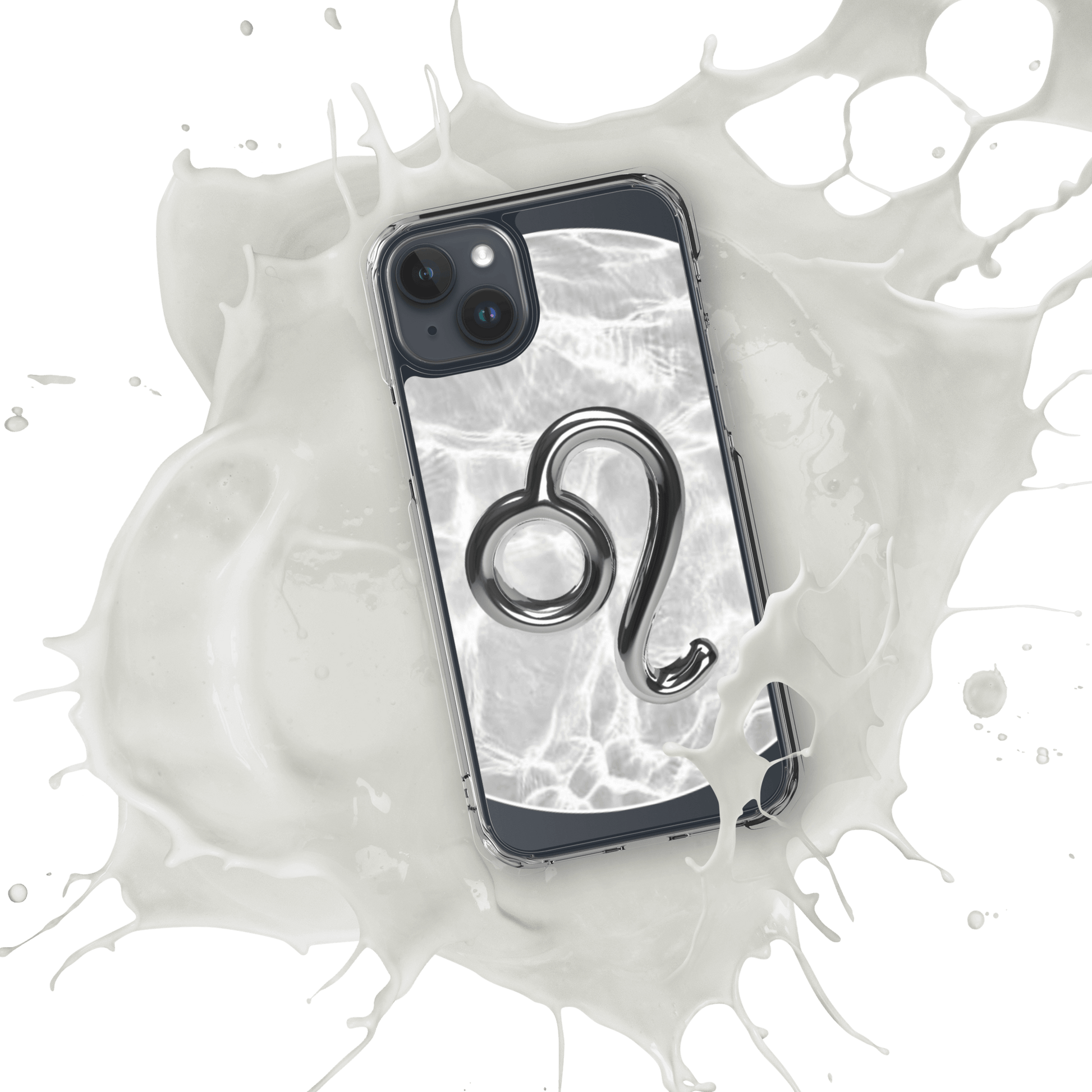 Cosmic Zodiac Leo Magsafe Clear iPhone Case with metallic design and marble finish, splashed in white liquid.