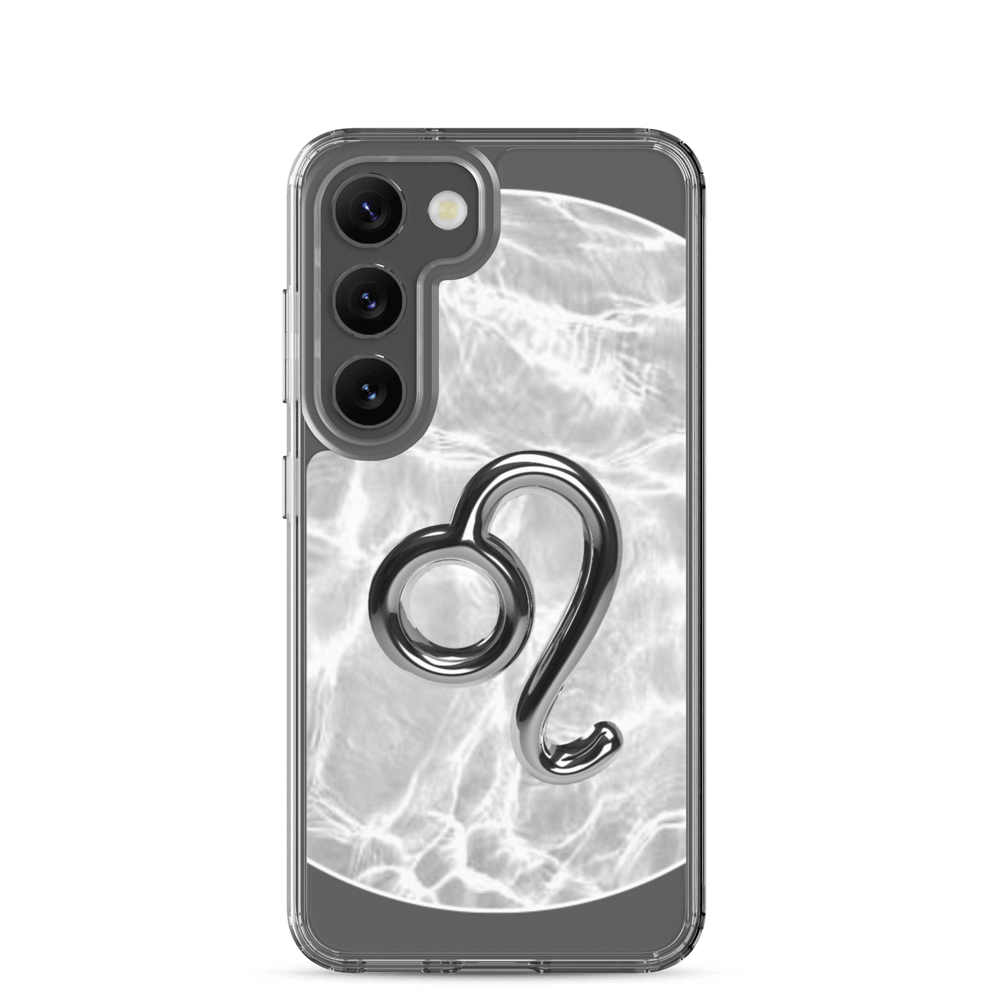Zodiac Leo Samsung Phone Case with Ripple Marble design, featuring sleek Leo symbol in silver against a stylish background.