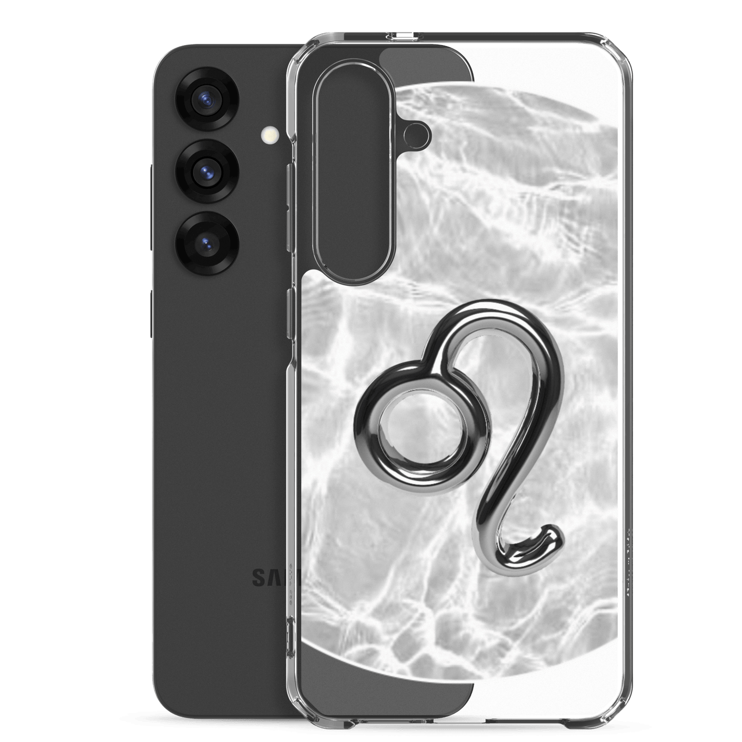 Zodiac Leo Samsung phone case in Ripple Marble design, featuring a bold lion symbol and sleek black phone.
