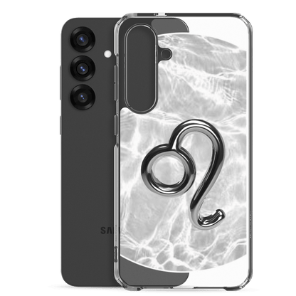 Zodiac Leo Samsung phone case in Ripple Marble design, featuring a bold lion symbol and sleek black phone.
