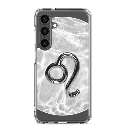 Zodiac Leo Samsung phone case with ripple marble design and bold lion symbol, protecting your device in style.