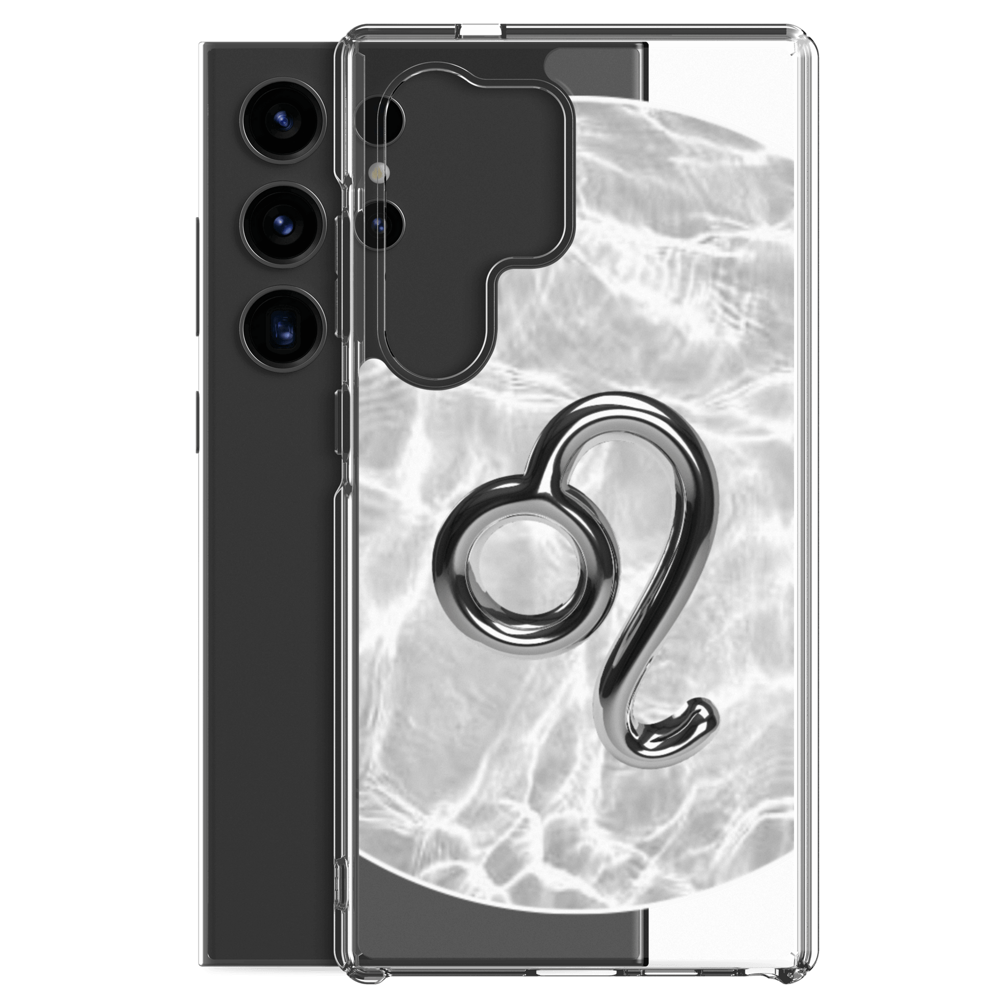 Zodiac Leo Samsung phone case with Ripple Marble design, showcasing a sleek black lion symbol and a stylish, protective surface.