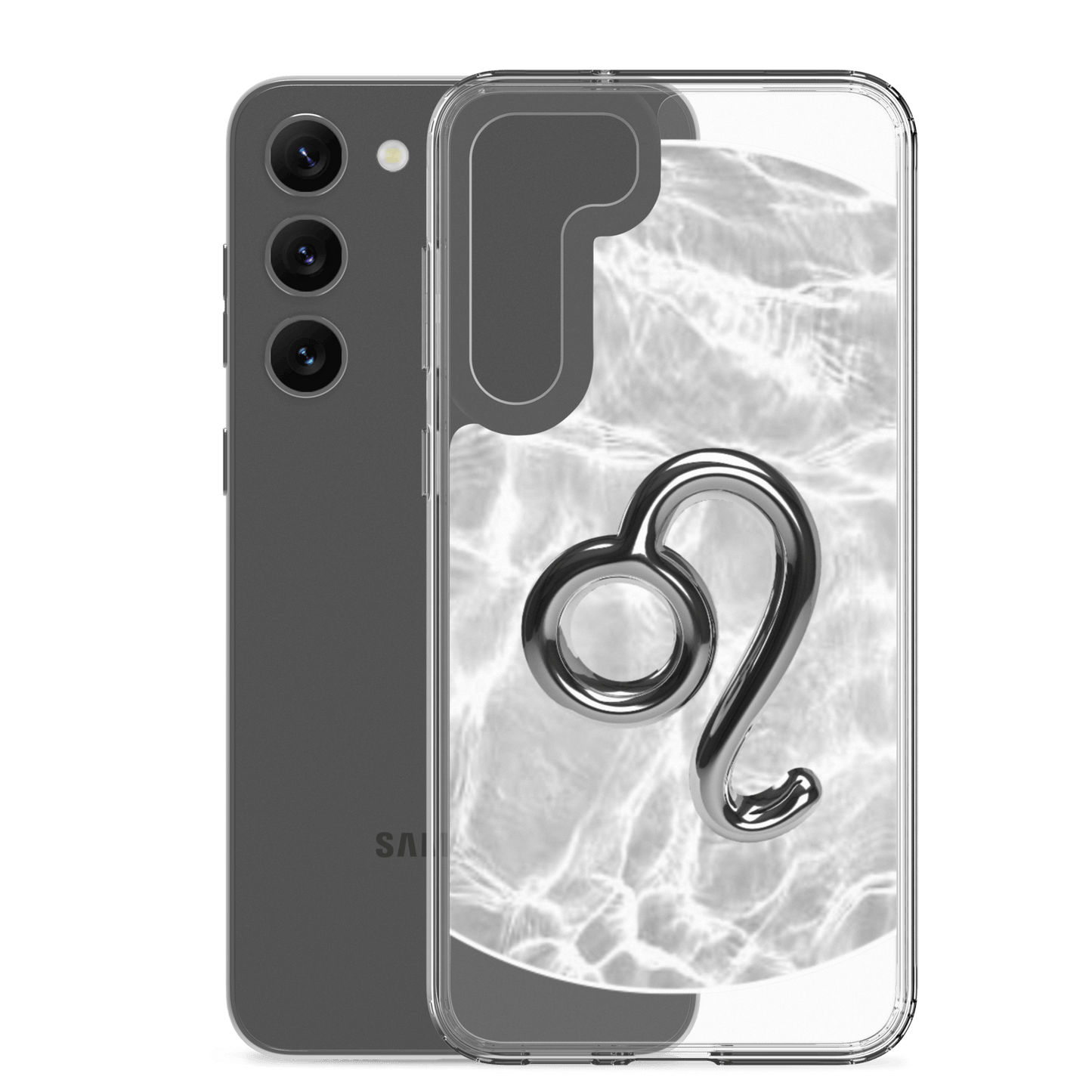 Zodiac Leo Samsung Phone Case with Ripple Marble design, showcasing bold lion symbol and sleek transparent sides.