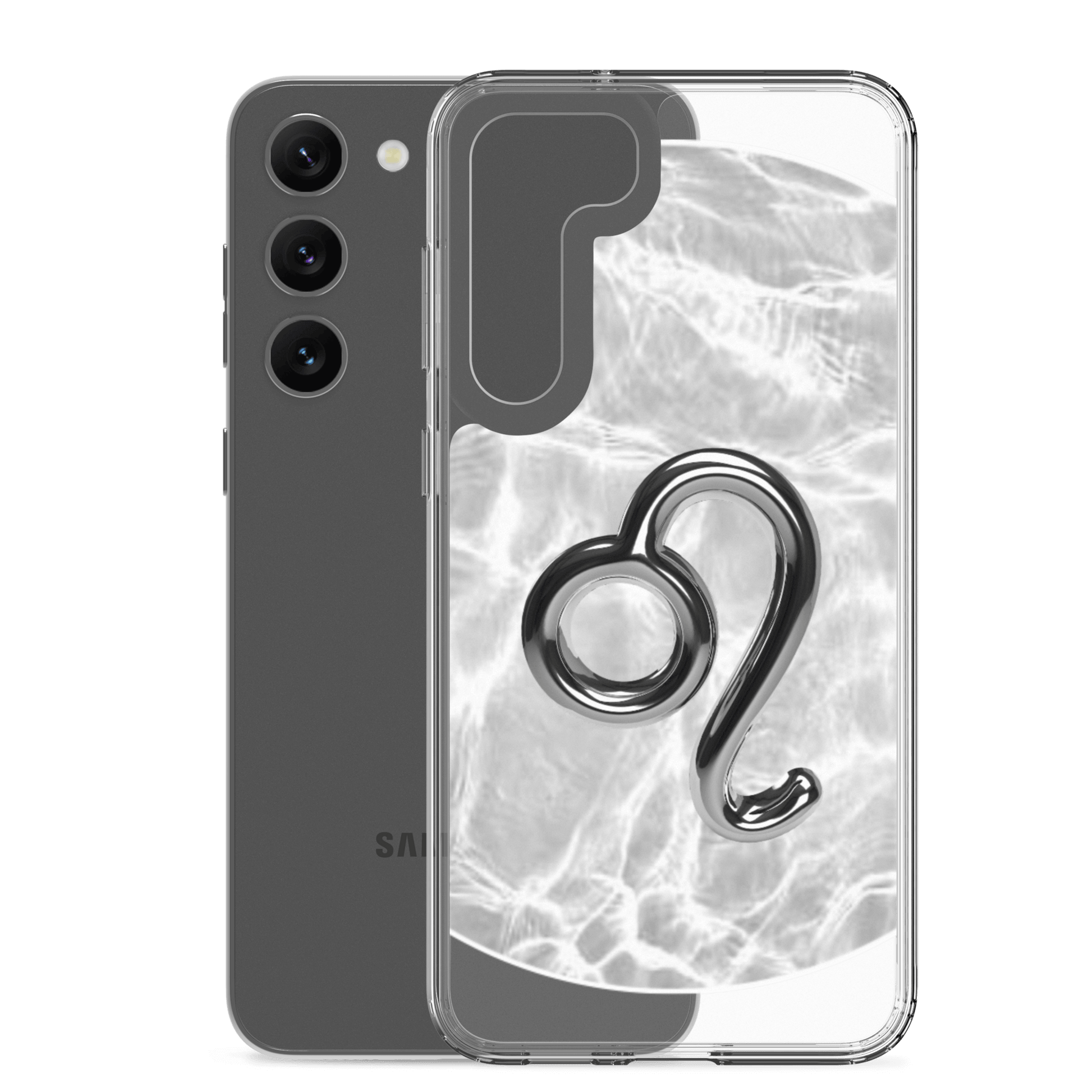 Zodiac Leo Samsung Phone Case with Ripple Marble design, showcasing bold lion symbol and sleek transparent sides.
