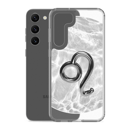 Zodiac Leo Samsung Phone Case with Ripple Marble design, showcasing bold lion symbol and sleek transparent sides.