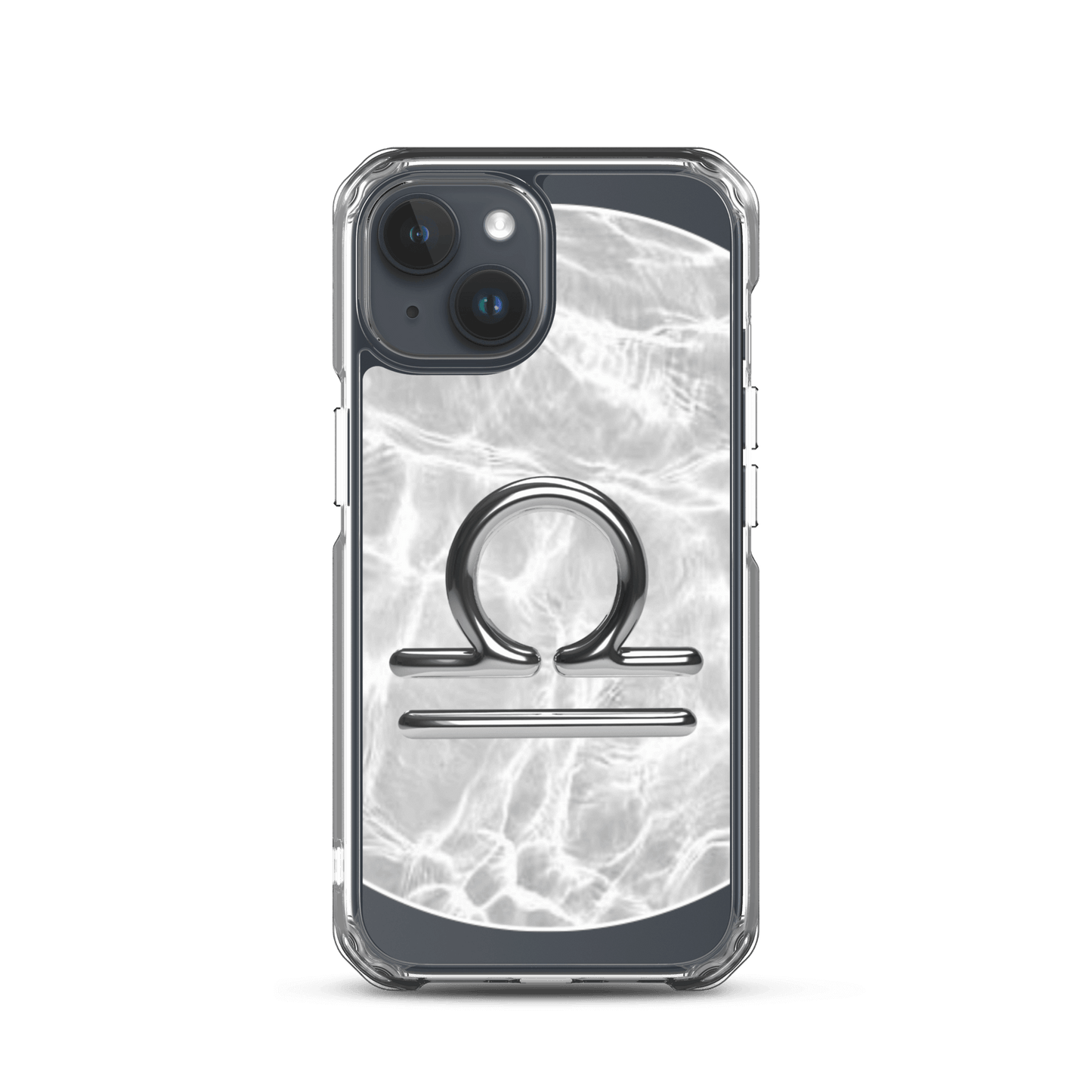 Libra Magsafe clear iPhone case with marble design and metallic logo, offering style and protection.