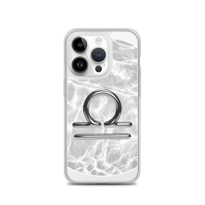 Zodiac Libra MagSafe clear iPhone case with marble design and metallic symbol for cosmic style and phone protection.