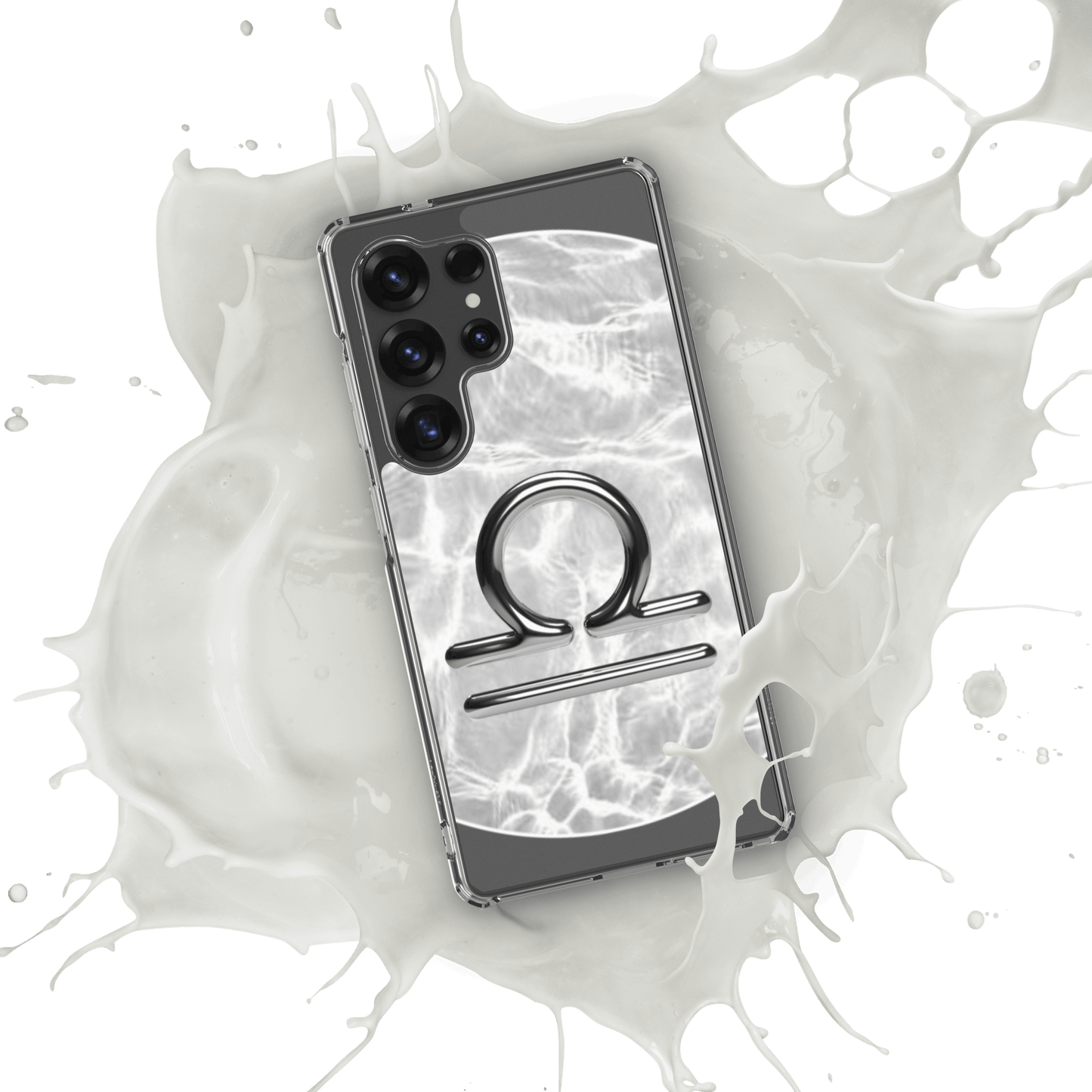 Zodiac Libra Samsung phone case with Ripple Marble design, showcased against a splash of white liquid.