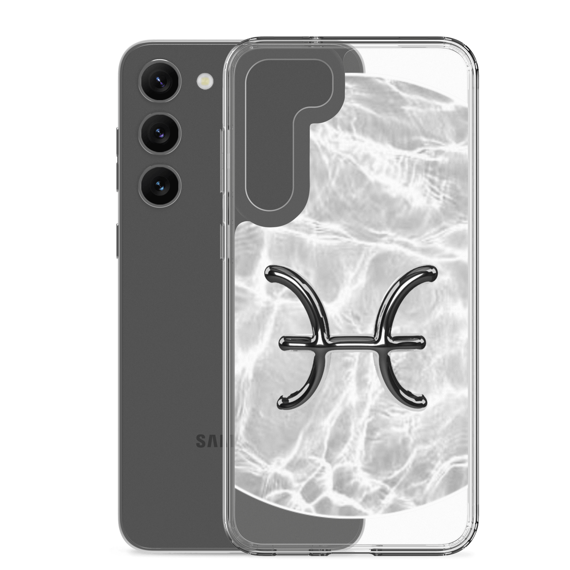 Zodiac Pisces Samsung Phone Case featuring a ripple marble design and emblem, offering sleek protection and style.