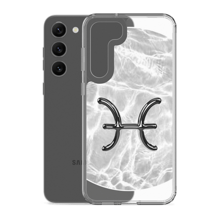 Zodiac Pisces Samsung Phone Case featuring a ripple marble design and emblem, offering sleek protection and style.