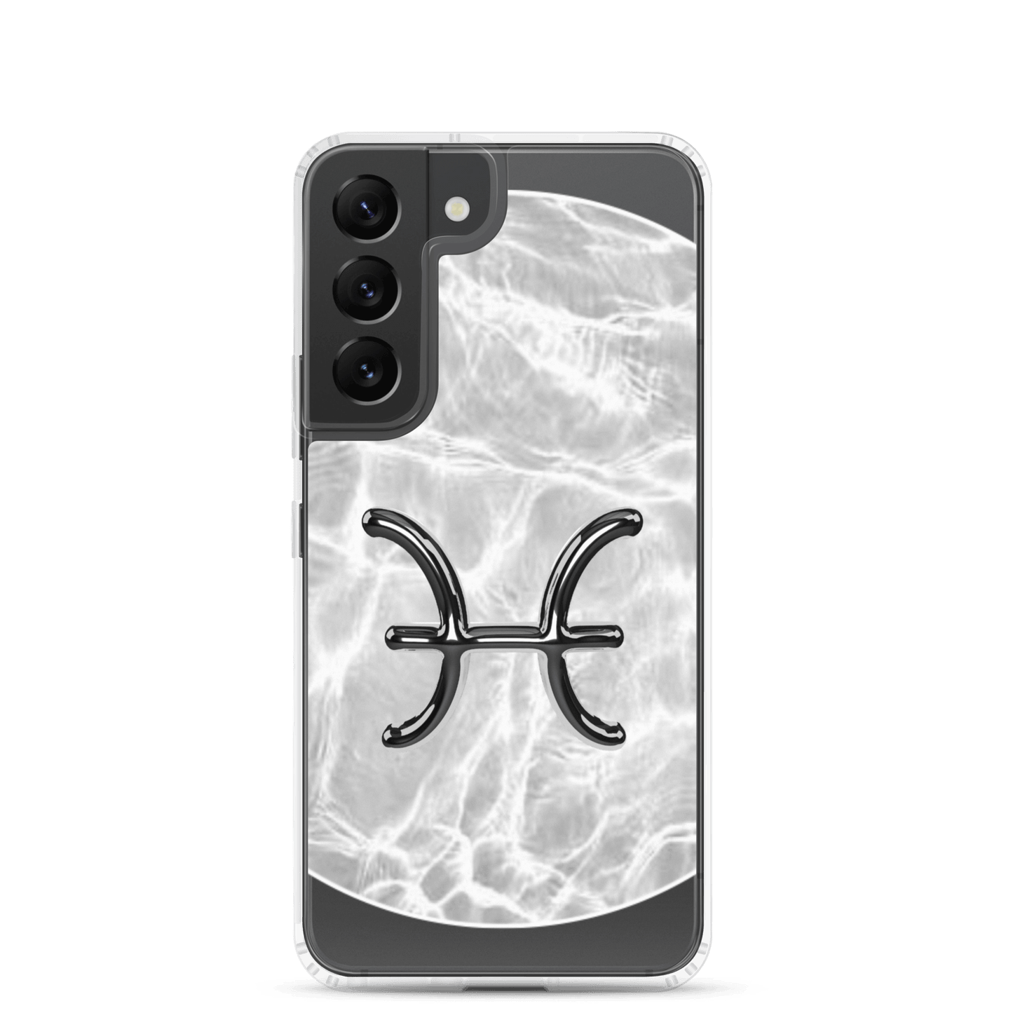 Zodiac Pisces Samsung Phone Case with Ripple Marble design, featuring a sleek fish symbol on a reflective background.