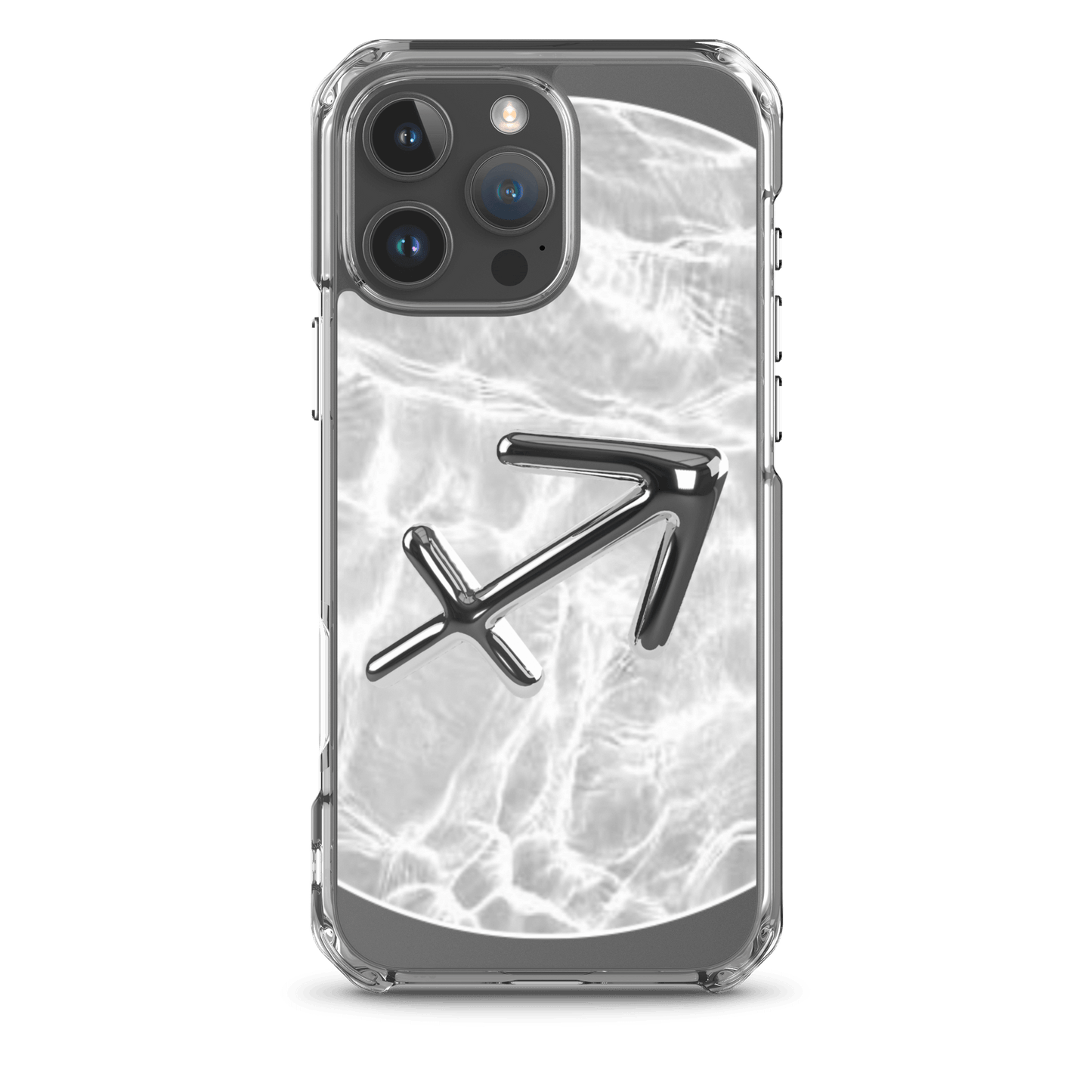 Zodiac Sagittarius Magsafe clear iPhone case with marble design and metallic arrow emblem.