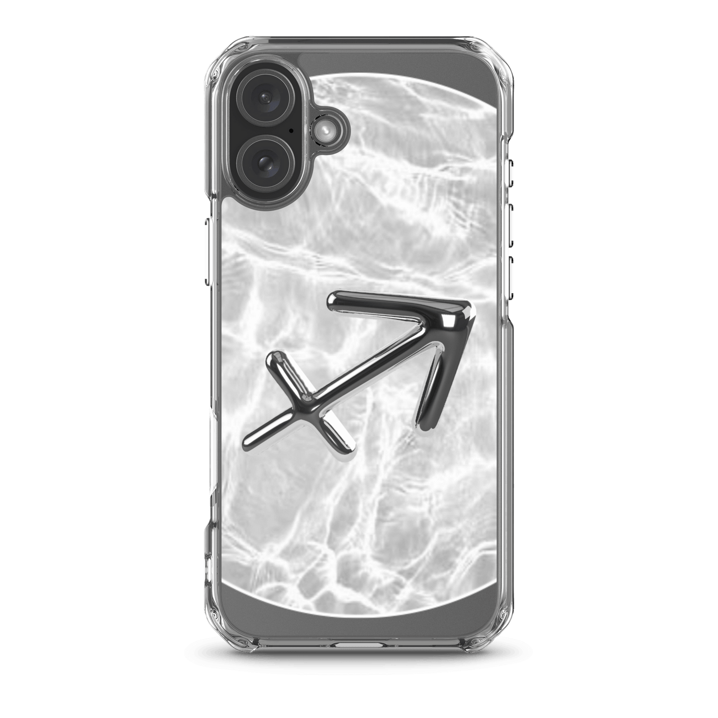 Zodiac Sagittarius Magsafe clear iPhone case with metallic design over marble finish.